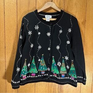 Talya Ugly Christmas Cardigan Sweater Trees Snowflakes Beads Sequins Size XL